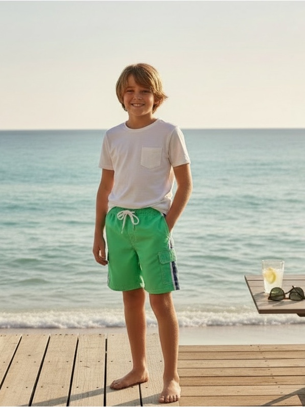 Old Navy Lime Green Boys' Swim Trunks with Navy & White Stripe